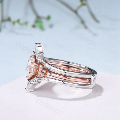 Snowdrift Moissanite Wedding Set, Round Brilliant Lab Grown Diamond Engagement Ring Set, Enhancer Stacking Band , Solid Gold Bridla Set - PENFINE
