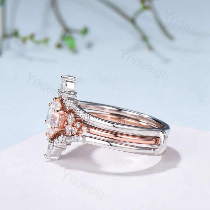 Snowdrift Moissanite Wedding Set, Round Brilliant Lab Grown Diamond Engagement Ring Set, Enhancer Stacking Band , Solid Gold Bridla Set - PENFINE