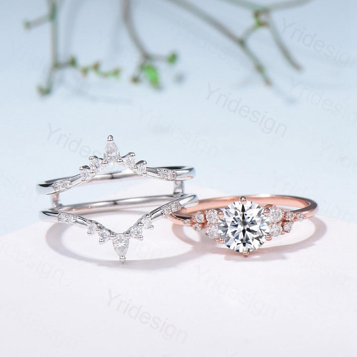 Snowdrift Moissanite Wedding Set, Round Brilliant Lab Grown Diamond Engagement Ring Set, Enhancer Stacking Band , Solid Gold Bridla Set - PENFINE