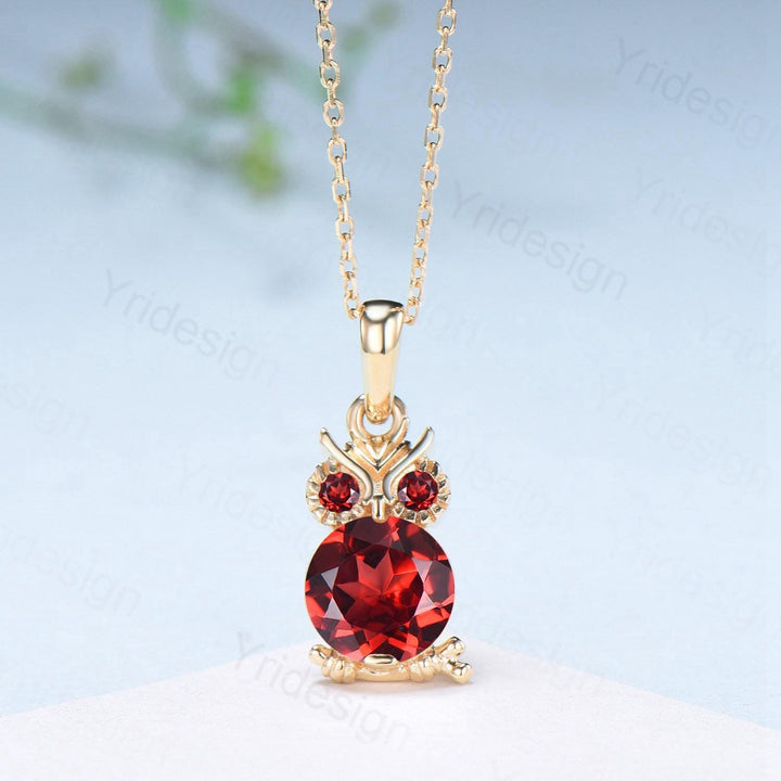 Natural Garnet Owl Pendant Necklace, Red Gemstone Charm Necklace for Women, Dainty Birthstone Gift, Animal Jewelry - PENFINE