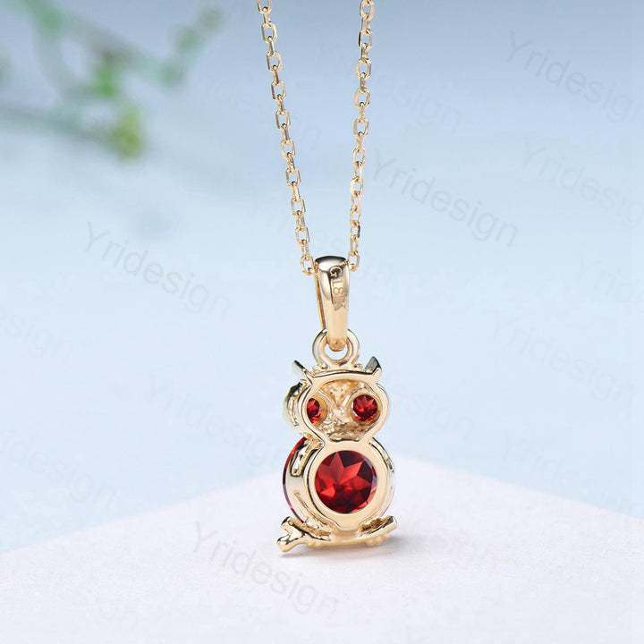 Natural Garnet Owl Pendant Necklace, Red Gemstone Charm Necklace for Women, Dainty Birthstone Gift, Animal Jewelry - PENFINE