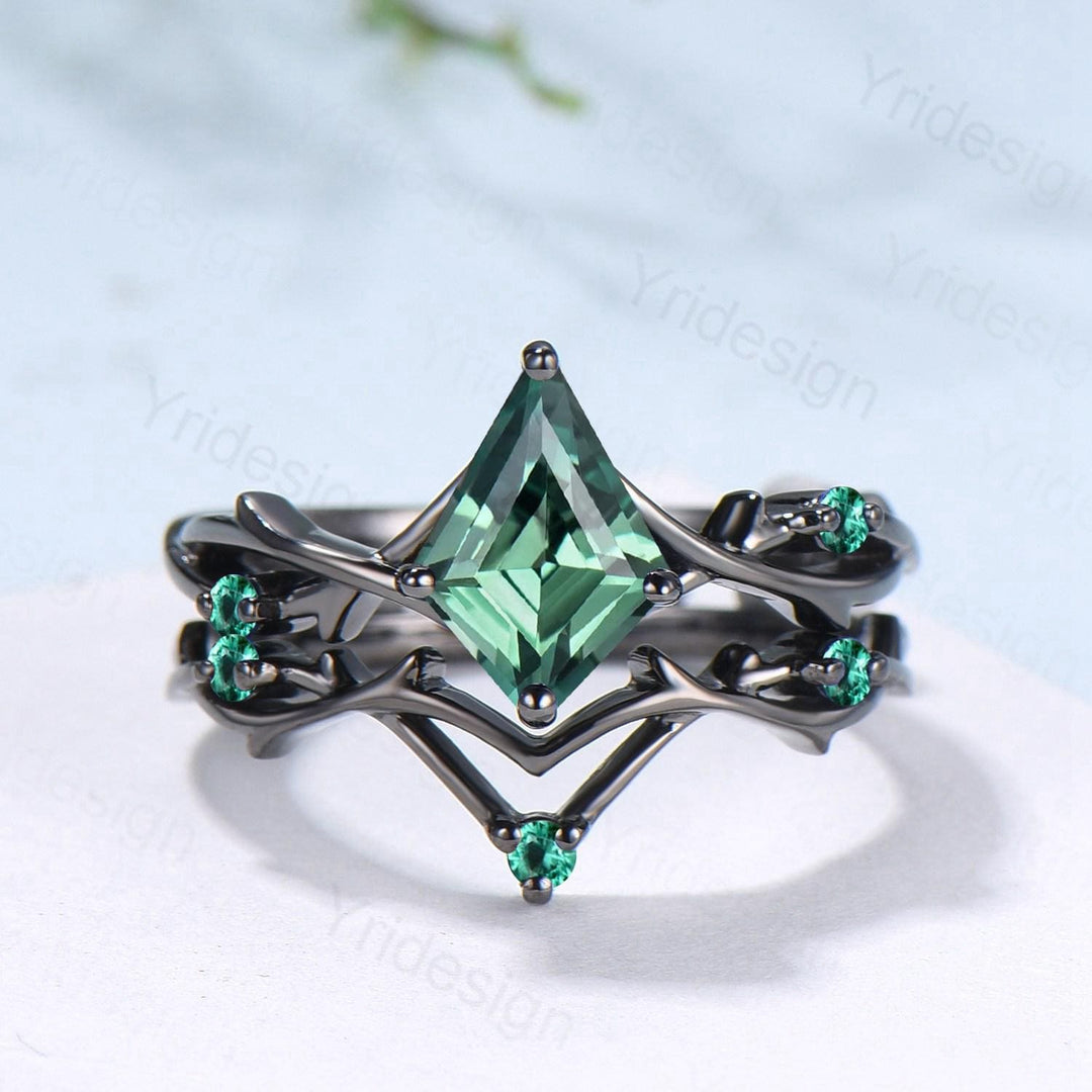 Art Deco Kite Cut Green Sapphire Engagement Ring Set, Black Gold Teal Sapphire Cluster Emerald Bridal Set Branch Vine Anniverry Ring - PENFINE