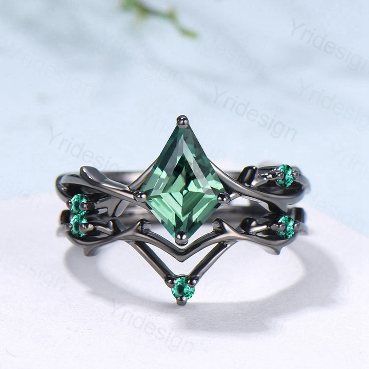 Art Deco Kite Cut Green Sapphire Engagement Ring Set, Black Gold Teal Sapphire Cluster Emerald Bridal Set Branch Vine Anniverry Ring - PENFINE