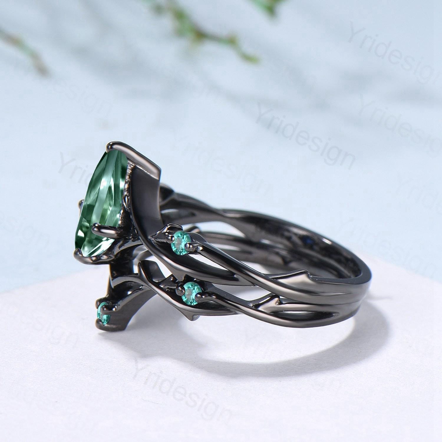 Art Deco Kite Cut Green Sapphire Engagement Ring Set, Black Gold Teal Sapphire Cluster Emerald Bridal Set Branch Vine Anniverry Ring - PENFINE