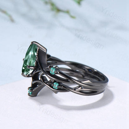 Art Deco Kite Cut Green Sapphire Engagement Ring Set, Black Gold Teal Sapphire Cluster Emerald Bridal Set Branch Vine Anniverry Ring - PENFINE