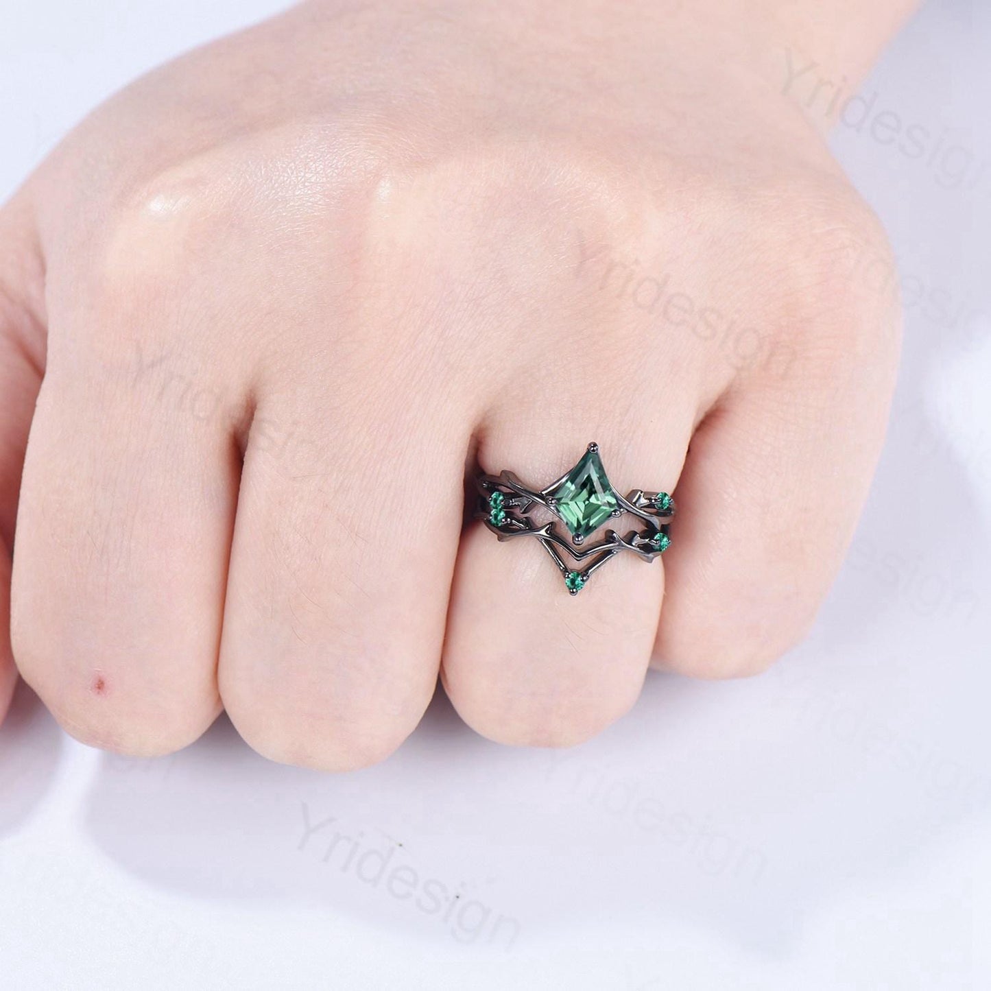 Art Deco Kite Cut Green Sapphire Engagement Ring Set, Black Gold Teal Sapphire Cluster Emerald Bridal Set Branch Vine Anniverry Ring - PENFINE