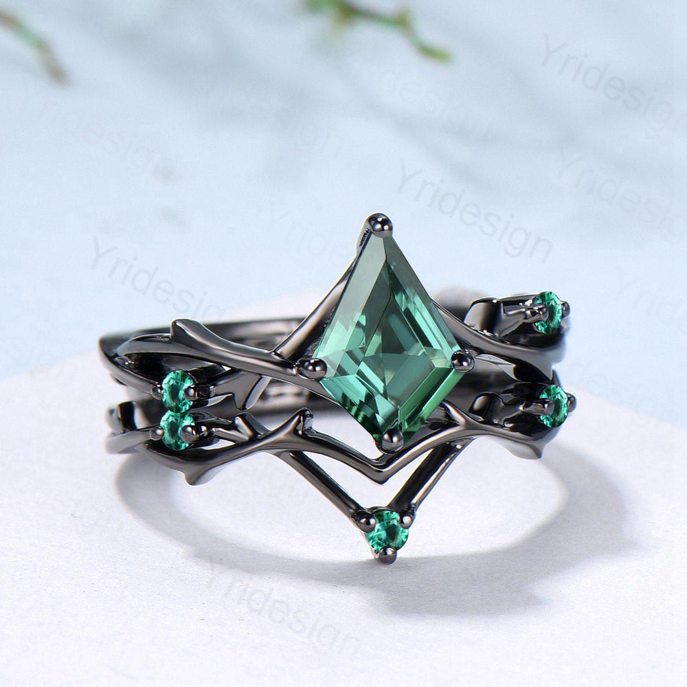 Art Deco Kite Cut Green Sapphire Engagement Ring Set, Black Gold Teal Sapphire Cluster Emerald Bridal Set Branch Vine Anniverry Ring - PENFINE