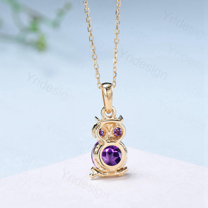 Natural Amethyst Owl Pendant Necklace, Purple Gemstone Necklace for Women, Dainty Febuary Birthstone Gift, Animal Jewelry - PENFINE