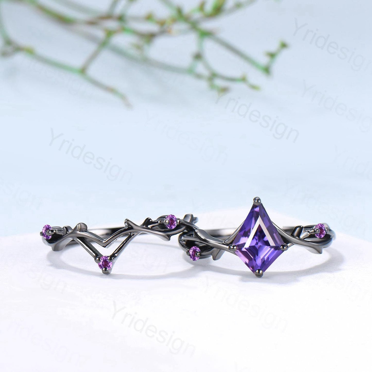 Vintage Kite Cut Purple Sapphire Engagement Ring Set, Black Gold Gothic Cluster Amethyst Bridal Set Art Deco Branch Vine Anniverry Ring - PENFINE