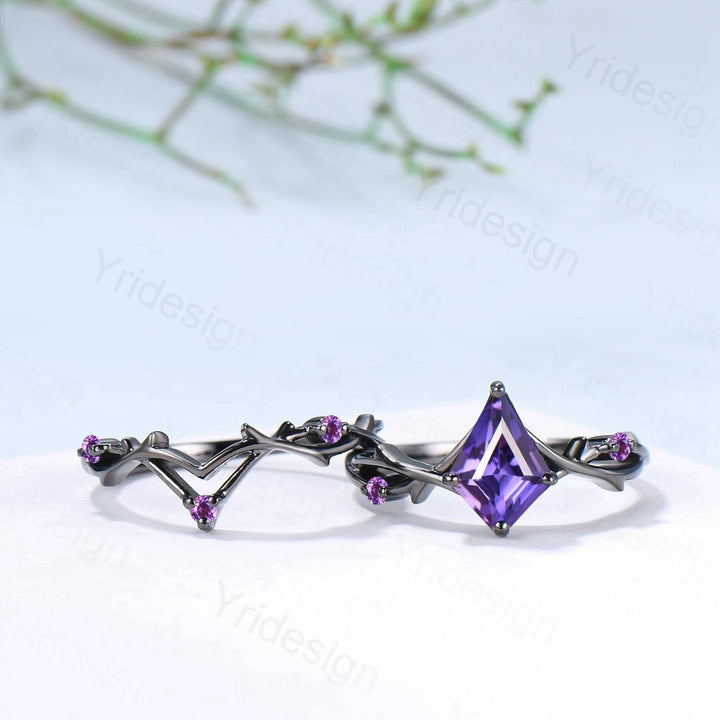 Vintage Kite Cut Purple Sapphire Engagement Ring Set, Black Gold Gothic Cluster Amethyst Bridal Set Art Deco Branch Vine Anniverry Ring - PENFINE