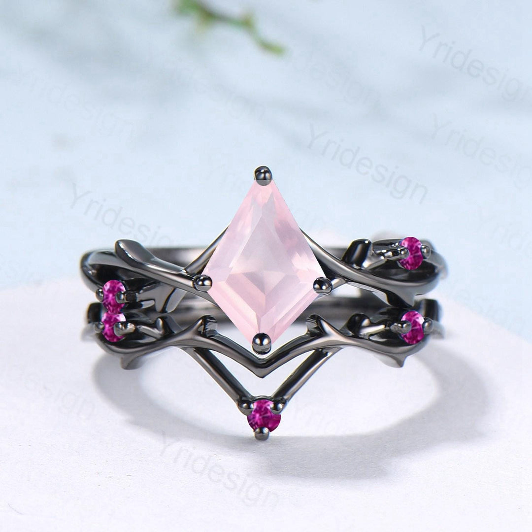 Art Deco Kite Cut Rose Quartz Engagement Ring Set, Black Gold Cluster Pink Touramaline Bridal Wedding Set Branch Leaf Vine Anniverry Ring - PENFINE
