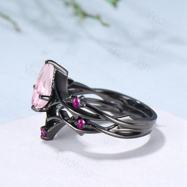 Art Deco Kite Cut Rose Quartz Engagement Ring Set, Black Gold Cluster Pink Touramaline Bridal Wedding Set Branch Leaf Vine Anniverry Ring - PENFINE