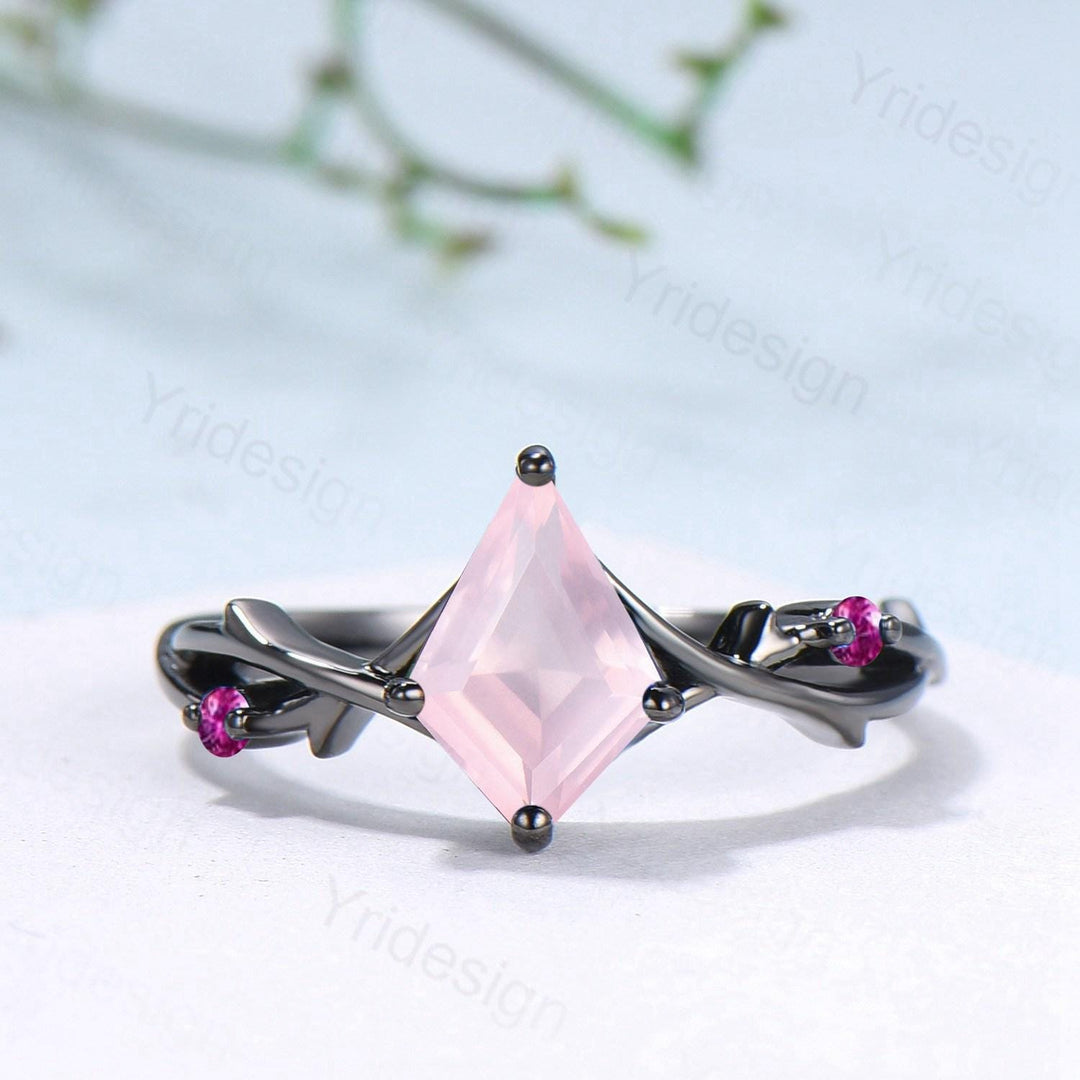 Art Deco Kite Cut Rose Quartz Engagement Ring Set, Black Gold Cluster Pink Touramaline Bridal Wedding Set Branch Leaf Vine Anniverry Ring - PENFINE