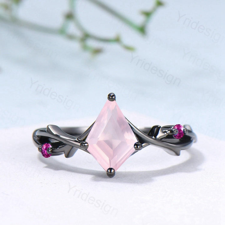 Art Deco Kite Cut Rose Quartz Engagement Ring Set, Black Gold Cluster Pink Touramaline Bridal Wedding Set Branch Leaf Vine Anniverry Ring - PENFINE