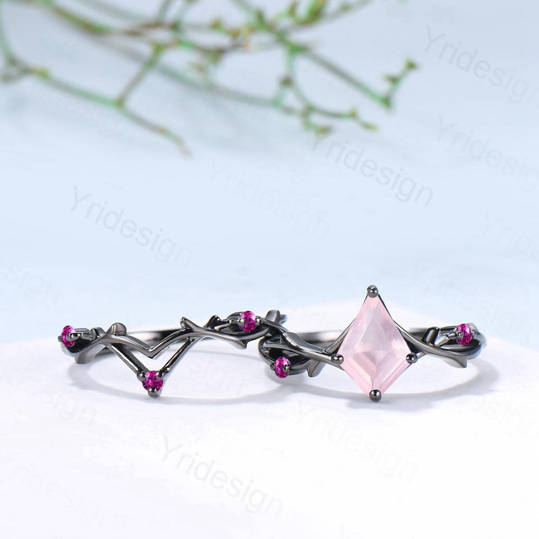 Art Deco Kite Cut Rose Quartz Engagement Ring Set, Black Gold Cluster Pink Touramaline Bridal Wedding Set Branch Leaf Vine Anniverry Ring - PENFINE