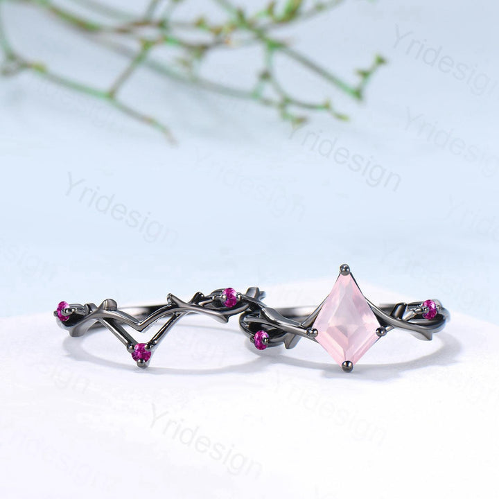 Art Deco Kite Cut Rose Quartz Engagement Ring Set, Black Gold Cluster Pink Touramaline Bridal Wedding Set Branch Leaf Vine Anniverry Ring - PENFINE