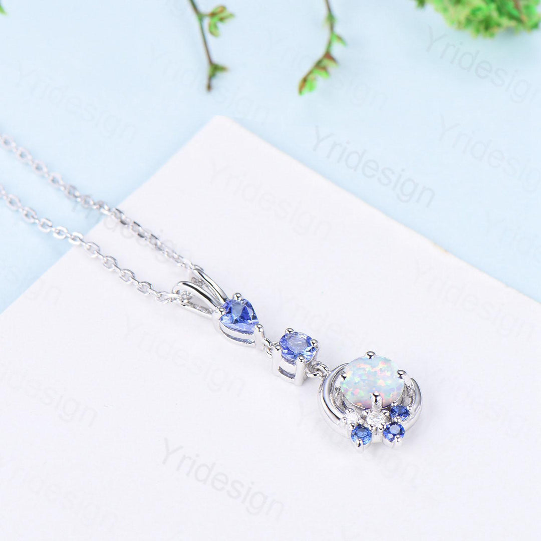 Unique Crescent Moon Fire Opal Necklace Elegant Cluster Sapphire tanzanite Pendant Necklace White gold silver necklace promise gift for wife - PENFINE