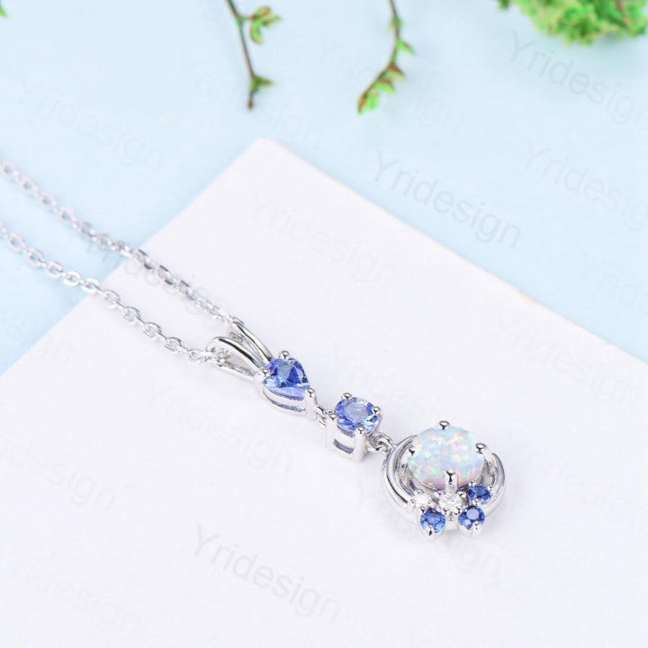Unique Crescent Moon Fire Opal Necklace Elegant Cluster Sapphire tanzanite Pendant Necklace White gold silver necklace promise gift for wife - PENFINE