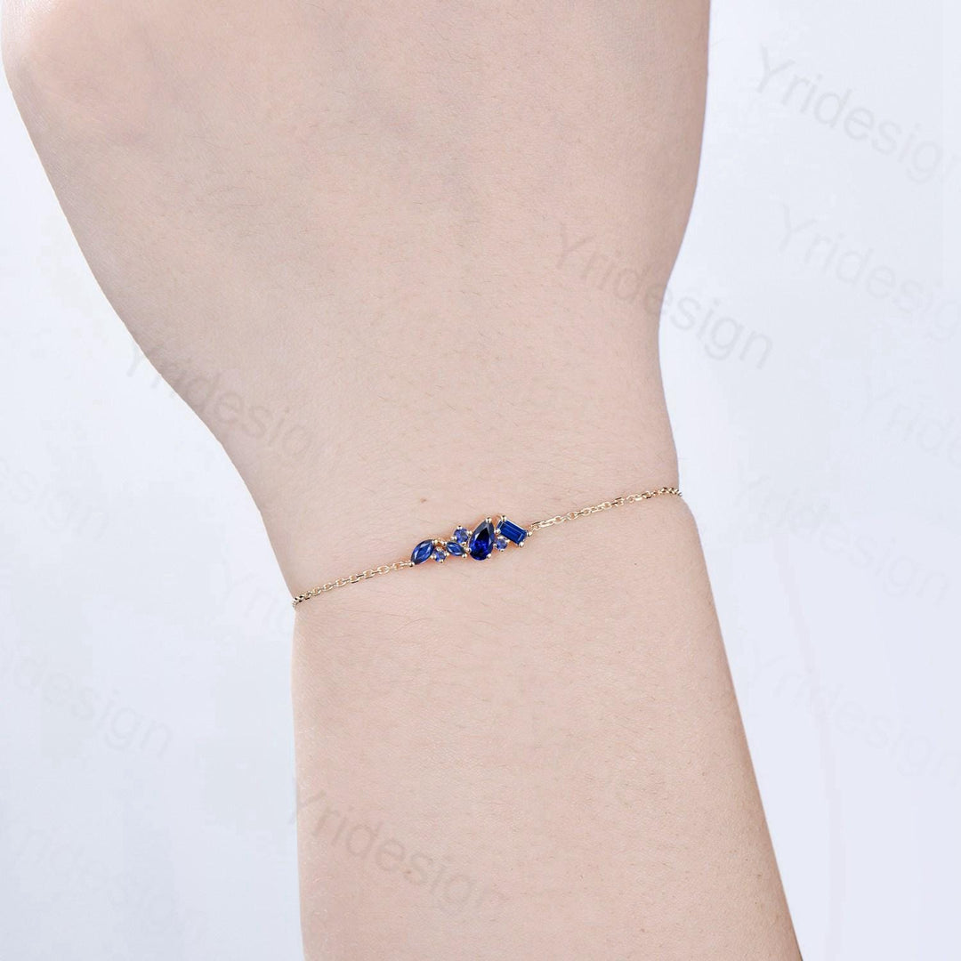 Dainty Pear Shaped Sapphire Bracelet Multi-Stone Baguette Blue Gemstone Lobster Claw Bracelet Silver Gold Art Deco Anniversary Promise Gift - PENFINE