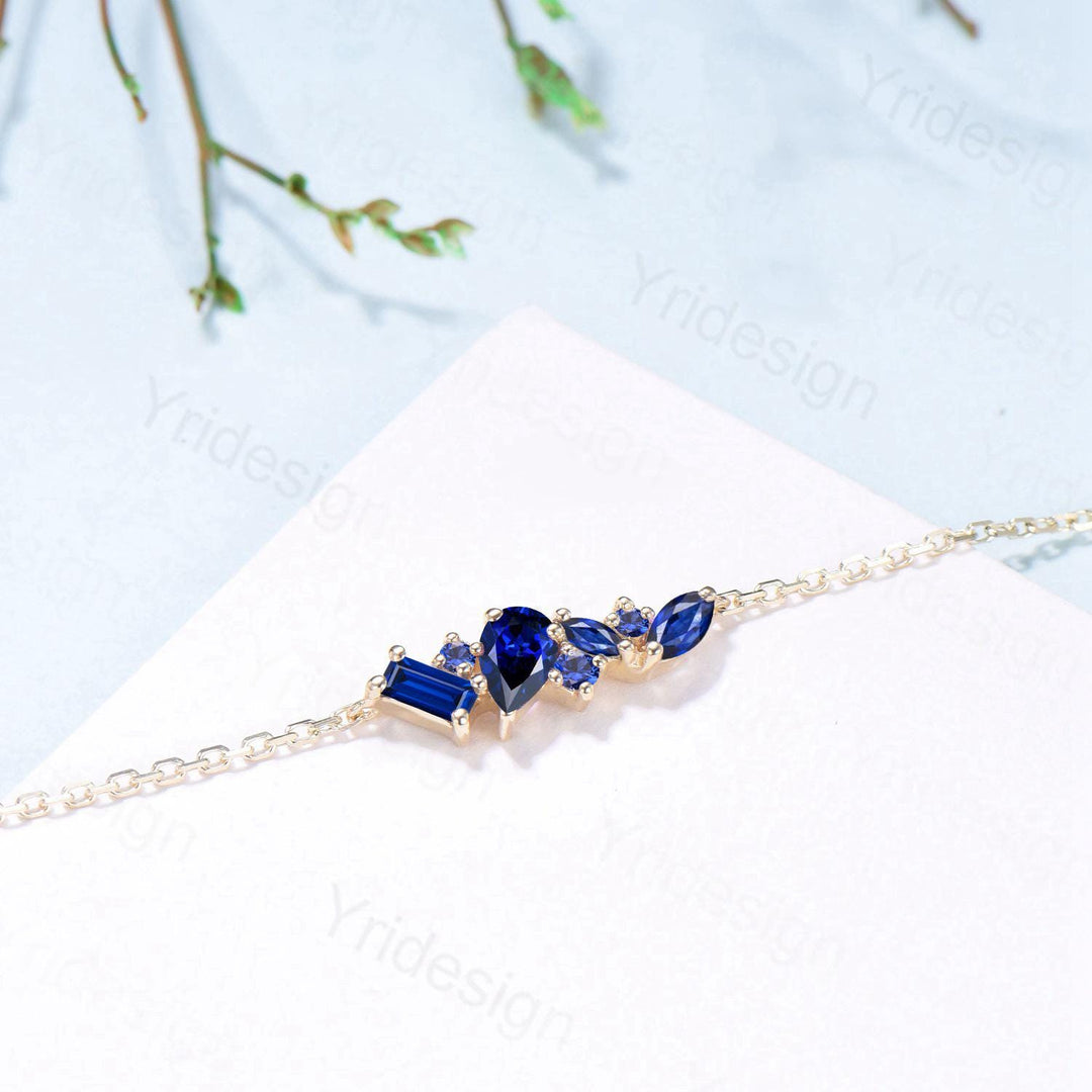 Dainty Pear Shaped Sapphire Bracelet Multi-Stone Baguette Blue Gemstone Lobster Claw Bracelet Silver Gold Art Deco Anniversary Promise Gift - PENFINE
