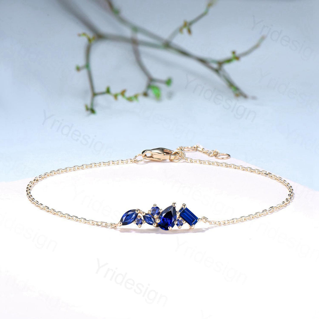 Dainty Pear Shaped Sapphire Bracelet Multi-Stone Baguette Blue Gemstone Lobster Claw Bracelet Silver Gold Art Deco Anniversary Promise Gift - PENFINE