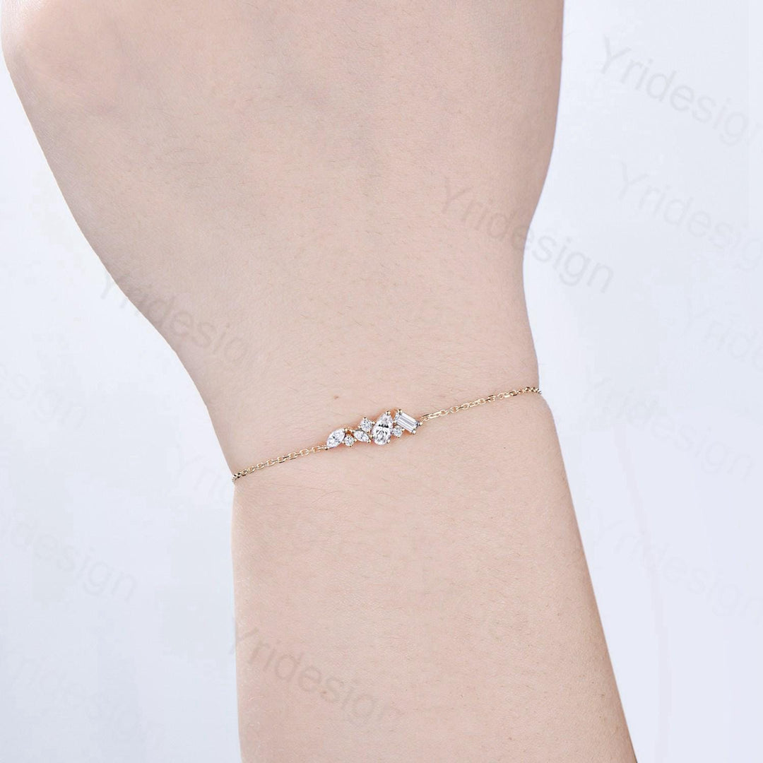 Dainty Pear Shaped Moissanite Bracelet Multi-Stone Baguette Lab Grown Diamond Lobster Claw Bracelet Silver Gold Art Deco Anniversary Gift - PENFINE