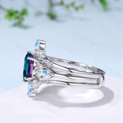 Vintage Oval Cut Alexandrite Engagement Ring Set, Marquise Moonstone Opal Seven Stone Wedding Set, Enhancer Stacking Band, June Birhtstone - PENFINE
