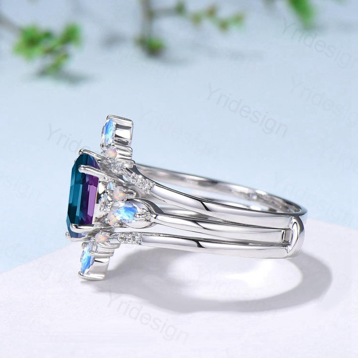 Vintage Oval Cut Alexandrite Engagement Ring Set, Marquise Moonstone Opal Seven Stone Wedding Set, Enhancer Stacking Band, June Birhtstone - PENFINE