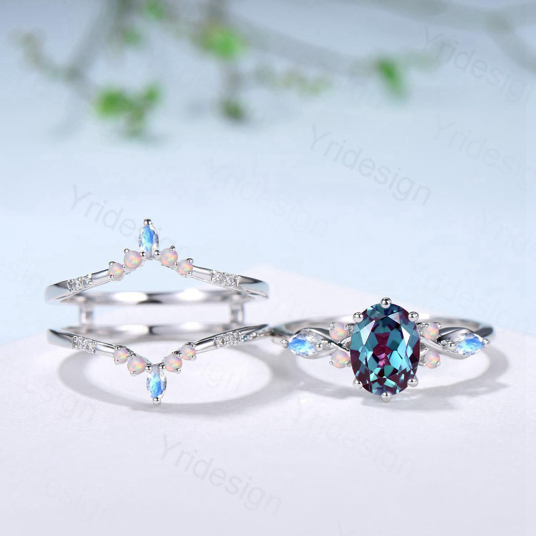 Vintage Oval Cut Alexandrite Engagement Ring Set, Marquise Moonstone Opal Seven Stone Wedding Set, Enhancer Stacking Band, June Birhtstone - PENFINE