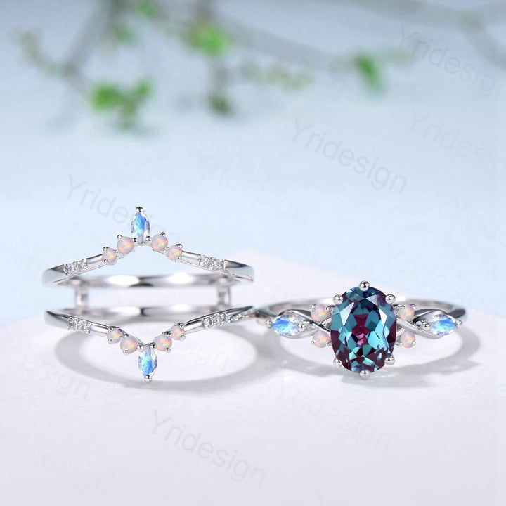 Vintage Oval Cut Alexandrite Engagement Ring Set, Marquise Moonstone Opal Seven Stone Wedding Set, Enhancer Stacking Band, June Birhtstone - PENFINE