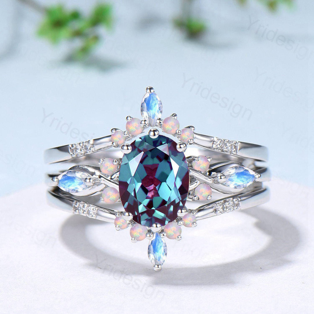 Vintage Oval Cut Alexandrite Engagement Ring Set, Marquise Moonstone Opal Seven Stone Wedding Set, Enhancer Stacking Band, June Birhtstone - PENFINE