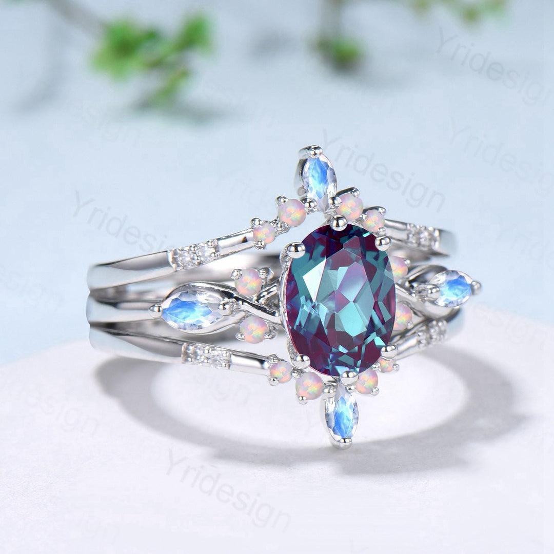 Vintage Oval Cut Alexandrite Engagement Ring Set, Marquise Moonstone Opal Seven Stone Wedding Set, Enhancer Stacking Band, June Birhtstone - PENFINE