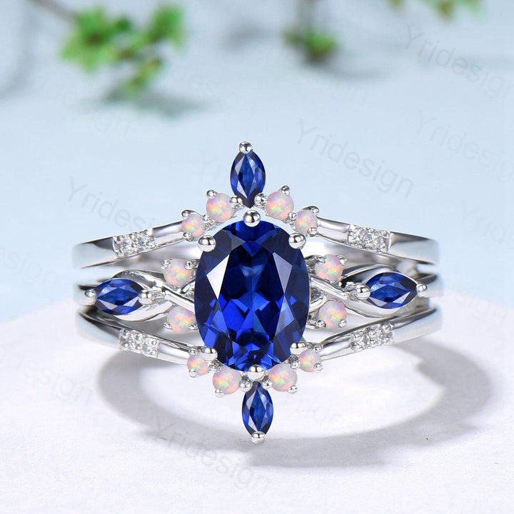 Vintage Oval Cut Sapphire Engagement Ring Set, Marquise Blue Sapphire Opal Seven Stone Wedding Set, Enhancer Stacking Band, Sep Birhtstone - PENFINE