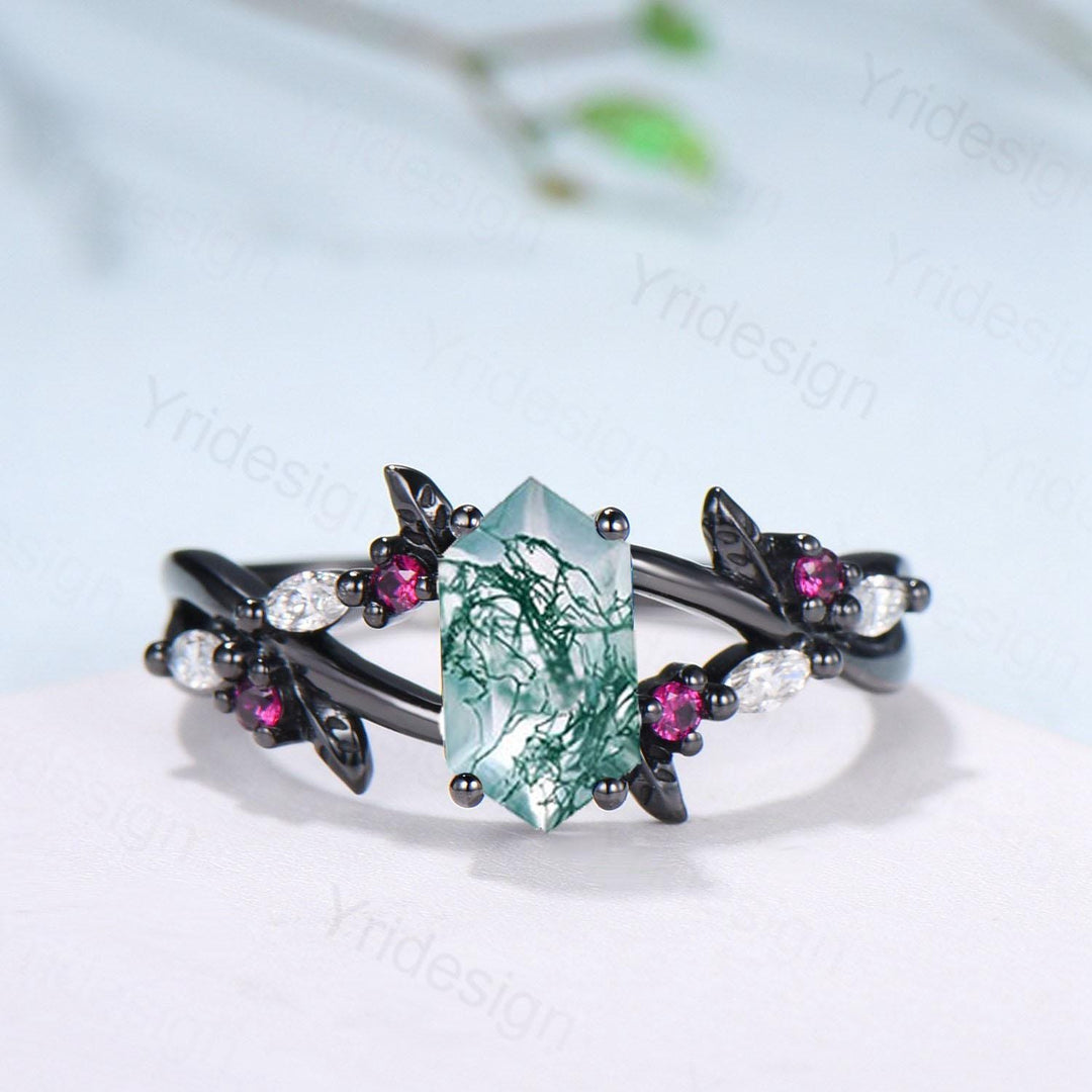Unique Black Gold Moss Agate Ring Natural Inspired Gothic Long Hexagon Cut Engagement Ring Leaf Vine  Cluster Ruby Split Shank Wedding Ring - PENFINE