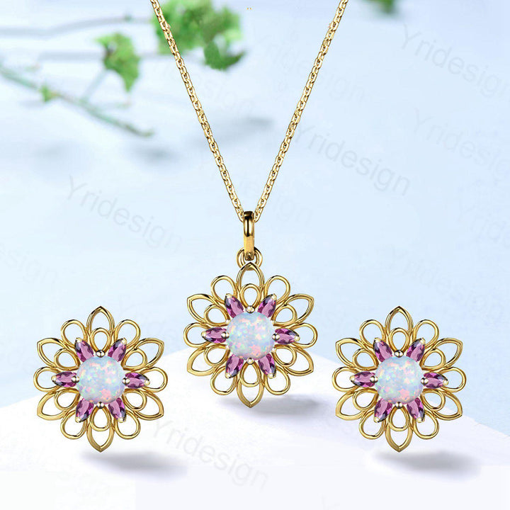 Unique SunFlower Opal Necklace & Earrings, Amethyst Pendant Stud Earrings, October Birthstone Anniversary Gifts Women Norse Viking Jewelry - PENFINE