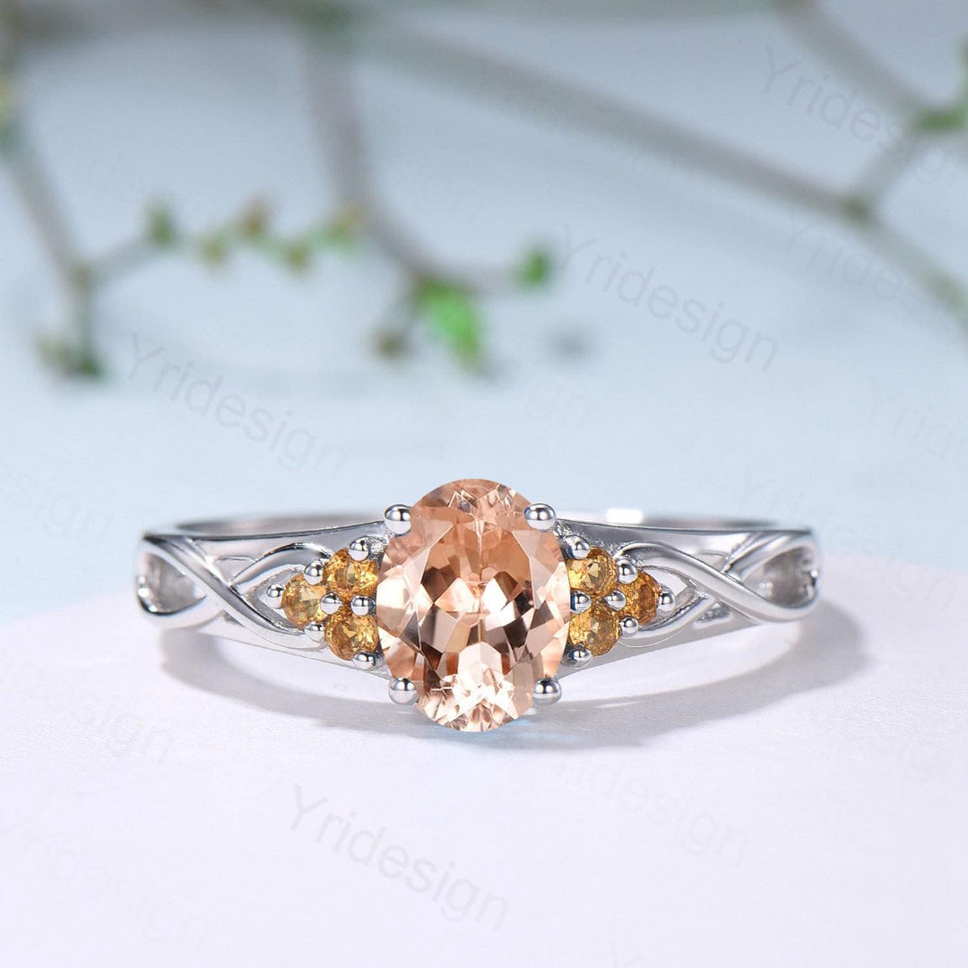 Celtic Knot Oval Morganite Engagement Ring Solid 14K/18K White Gold Unique Infinity Ring Cluster Citrine Wedding Ring Anniversary Gift Women - PENFINE