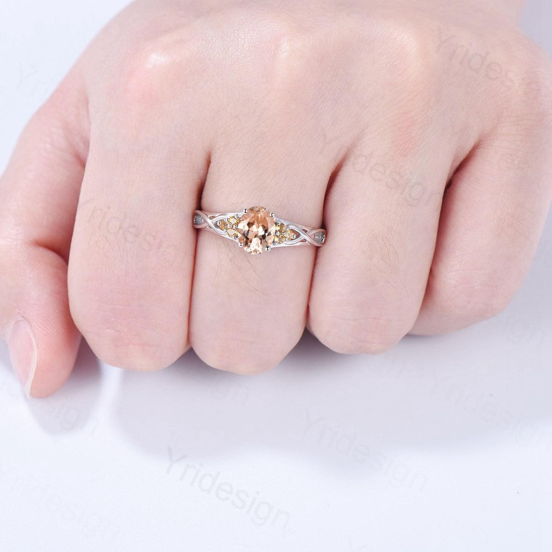 Celtic Knot Oval Morganite Engagement Ring Solid 14K/18K White Gold Unique Infinity Ring Cluster Citrine Wedding Ring Anniversary Gift Women - PENFINE