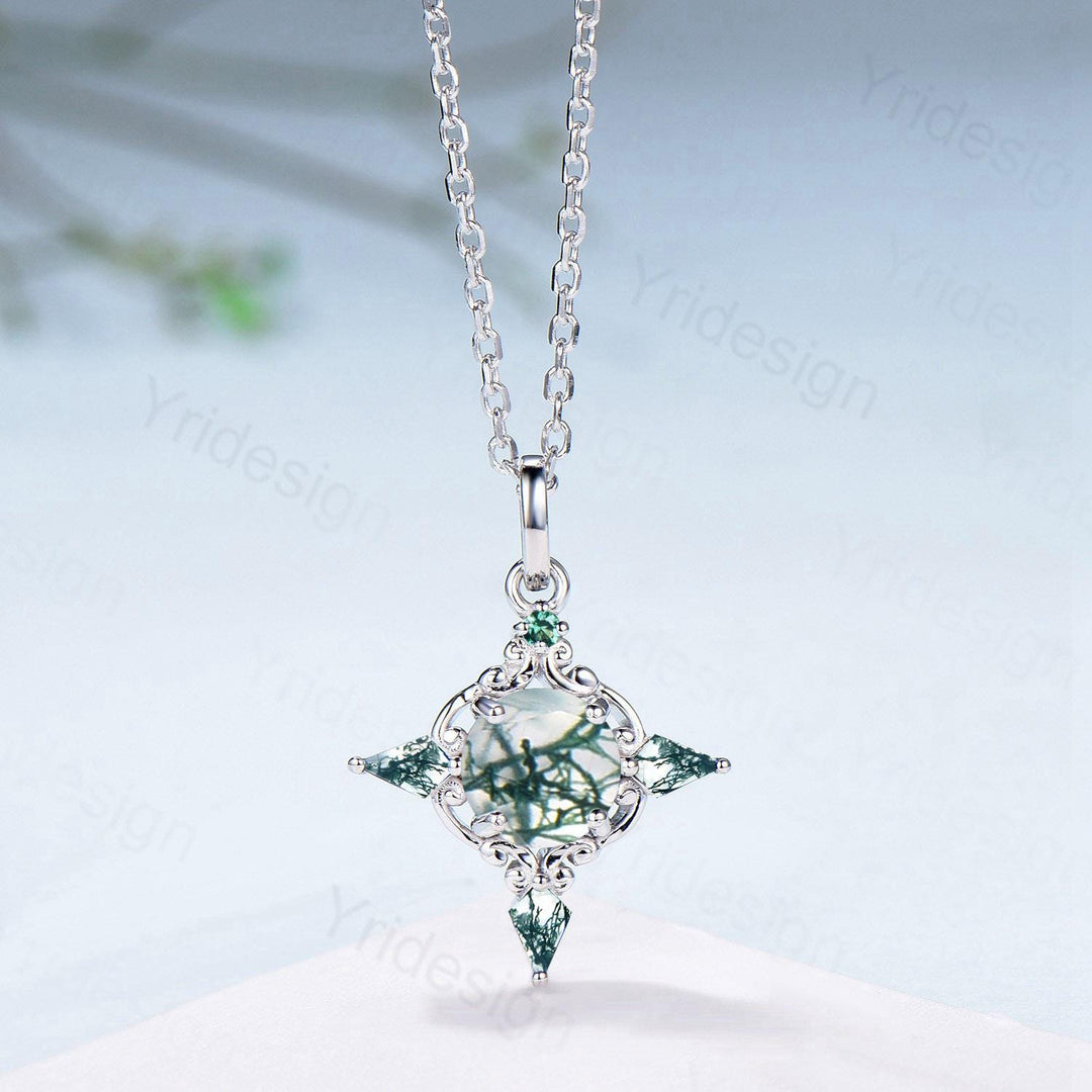 Unique Natural Moss Agate Pendant Necklace Celtic Knot Norse Viking Pendant 14K/18K White Gold Necklace Anniversary Birthday Gift for Women - PENFINE