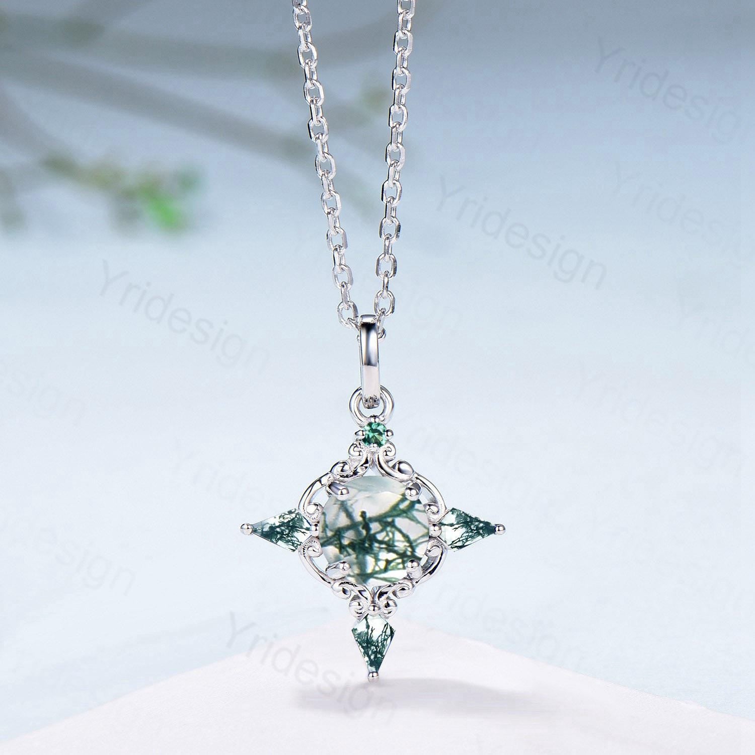 Unique Natural Moss Agate Pendant Necklace Celtic Knot Norse Viking Pendant 14K/18K White Gold Necklace Anniversary Birthday Gift for Women - PENFINE