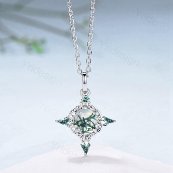 Unique Natural Moss Agate Pendant Necklace Celtic Knot Norse Viking Pendant 14K/18K White Gold Necklace Anniversary Birthday Gift for Women - PENFINE