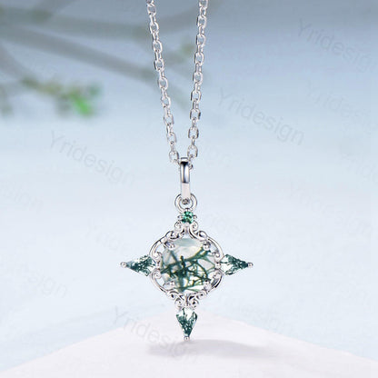 Unique Natural Moss Agate Pendant Necklace Celtic Knot Norse Viking Pendant 14K/18K White Gold Necklace Anniversary Birthday Gift for Women - PENFINE