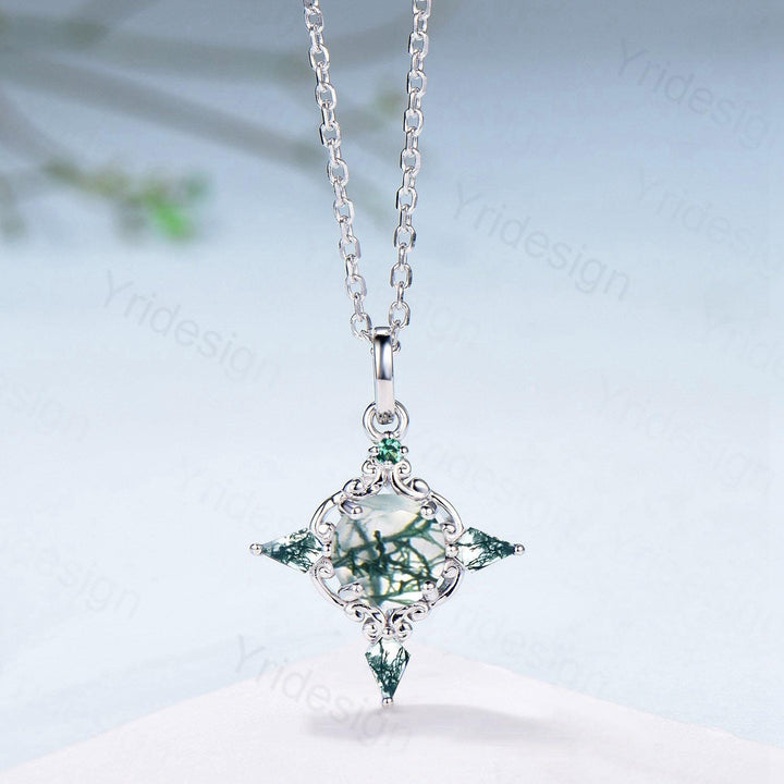 Unique Natural Moss Agate Pendant Necklace Celtic Knot Norse Viking Pendant 14K/18K White Gold Necklace Anniversary Birthday Gift for Women - PENFINE