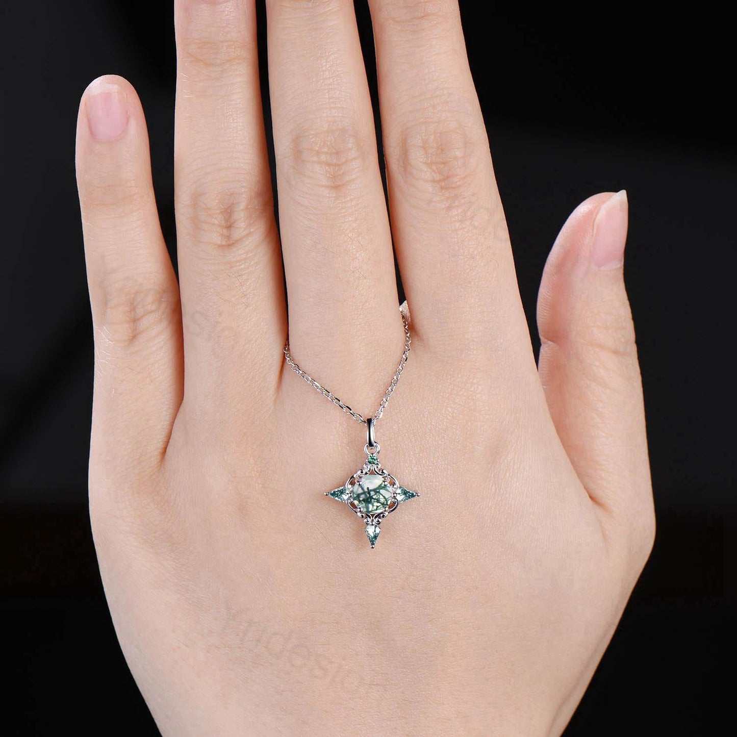 Unique Natural Moss Agate Pendant Necklace Celtic Knot Norse Viking Pendant 14K/18K White Gold Necklace Anniversary Birthday Gift for Women - PENFINE