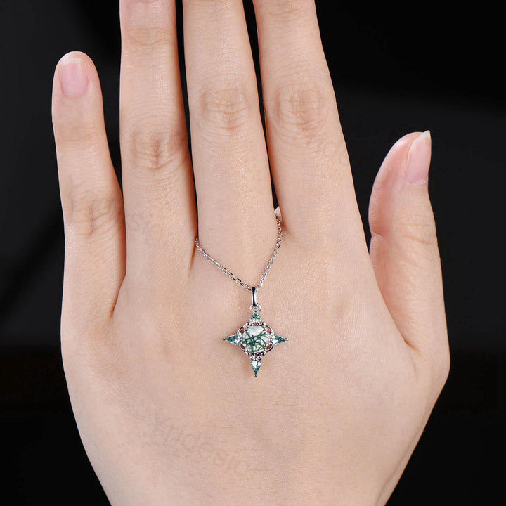 Unique Natural Moss Agate Pendant Necklace Celtic Knot Norse Viking Pendant 14K/18K White Gold Necklace Anniversary Birthday Gift for Women - PENFINE