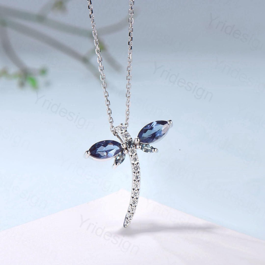 Alexandrite Dragonfly Necklace with Moissanite Diamonds - Dainty Iridescent Insect Jewelry for Women, Delicate Nature-Inspired Pendant Gift - PENFINE