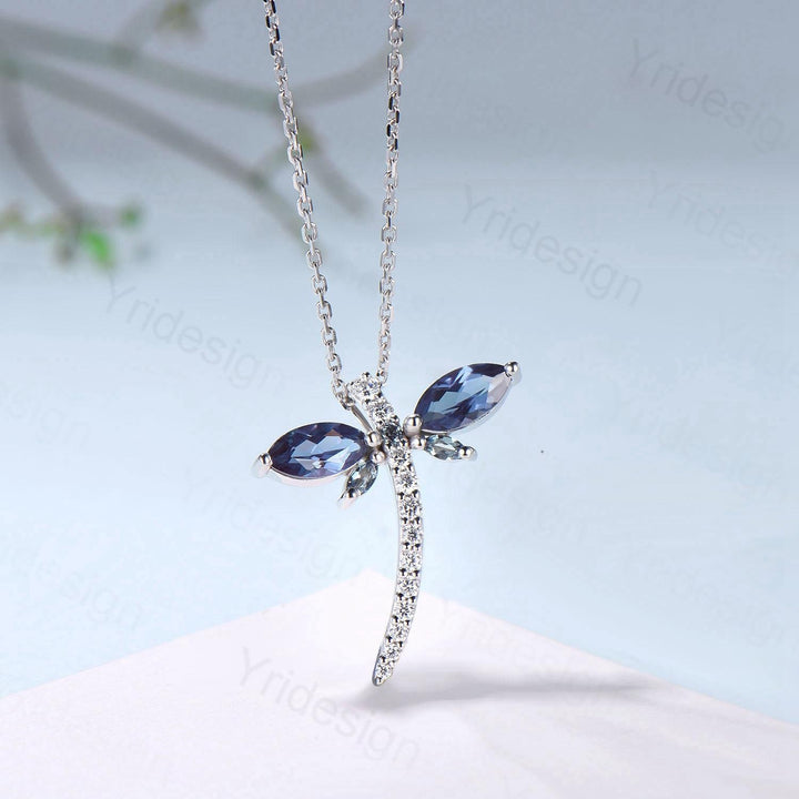Alexandrite Dragonfly Necklace with Moissanite Diamonds - Dainty Iridescent Insect Jewelry for Women, Delicate Nature-Inspired Pendant Gift - PENFINE