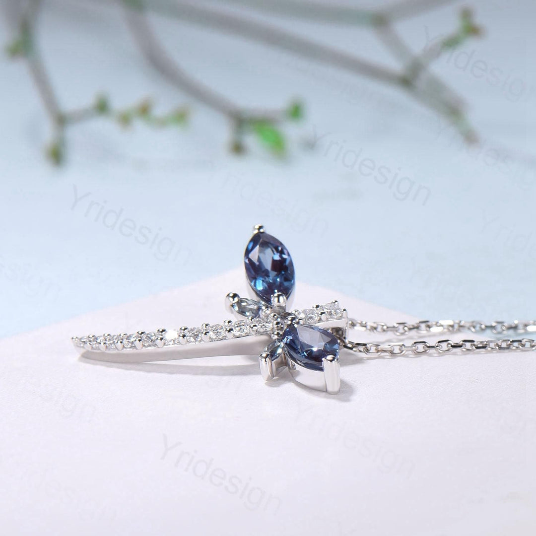 Alexandrite Dragonfly Necklace with Moissanite Diamonds - Dainty Iridescent Insect Jewelry for Women, Delicate Nature-Inspired Pendant Gift - PENFINE