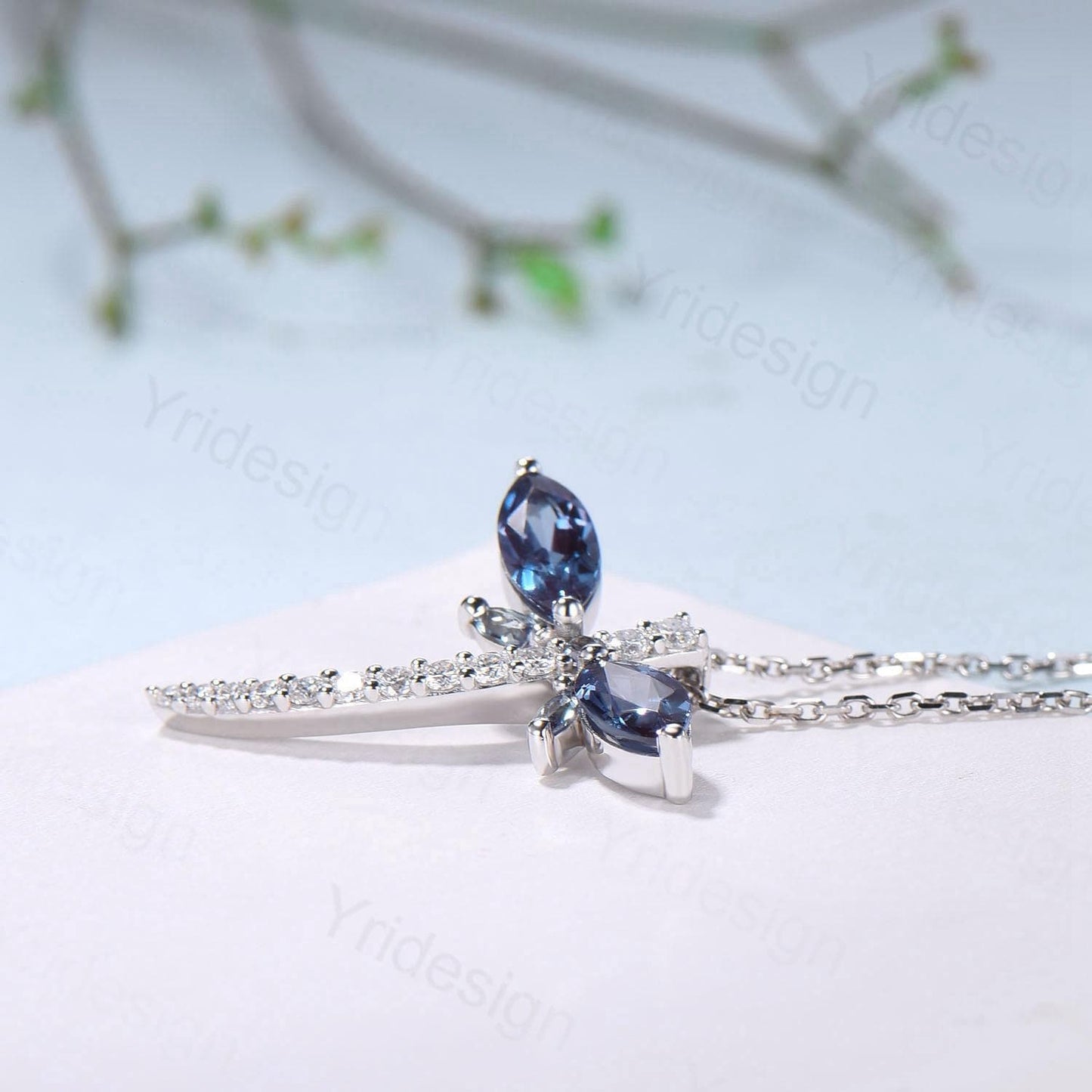 Alexandrite Dragonfly Necklace with Moissanite Diamonds - Dainty Iridescent Insect Jewelry for Women, Delicate Nature-Inspired Pendant Gift - PENFINE
