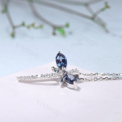 Alexandrite Dragonfly Necklace with Moissanite Diamonds - Dainty Iridescent Insect Jewelry for Women, Delicate Nature-Inspired Pendant Gift - PENFINE