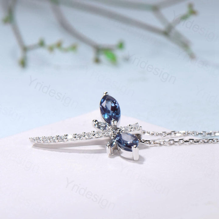 Alexandrite Dragonfly Necklace with Moissanite Diamonds - Dainty Iridescent Insect Jewelry for Women, Delicate Nature-Inspired Pendant Gift - PENFINE